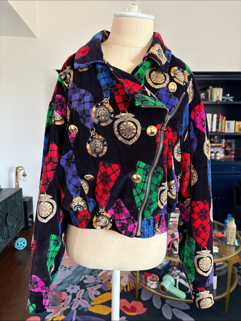 1980’s Vintage Carlisle Women's Black Multi-Color Velvet Moto Jacket size 8